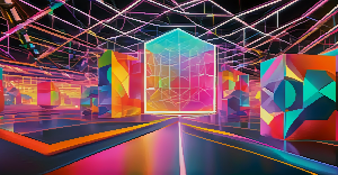 An abstract digital artwork showing colorful geometric shapes and a glowing blockchain network, symbolizing the NFT marketplace.