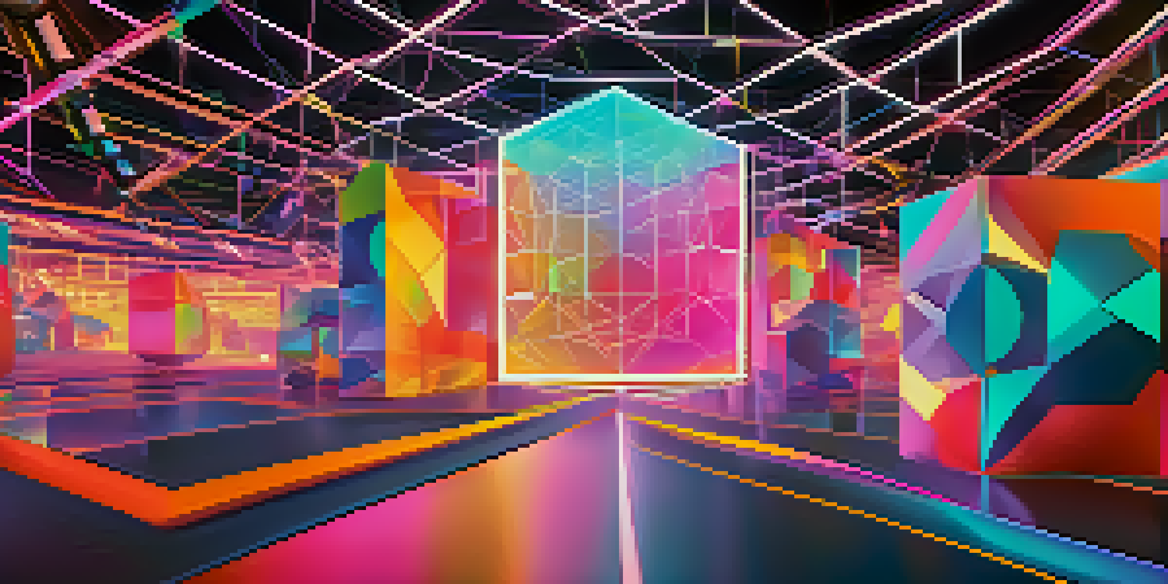 An abstract digital artwork showing colorful geometric shapes and a glowing blockchain network, symbolizing the NFT marketplace.