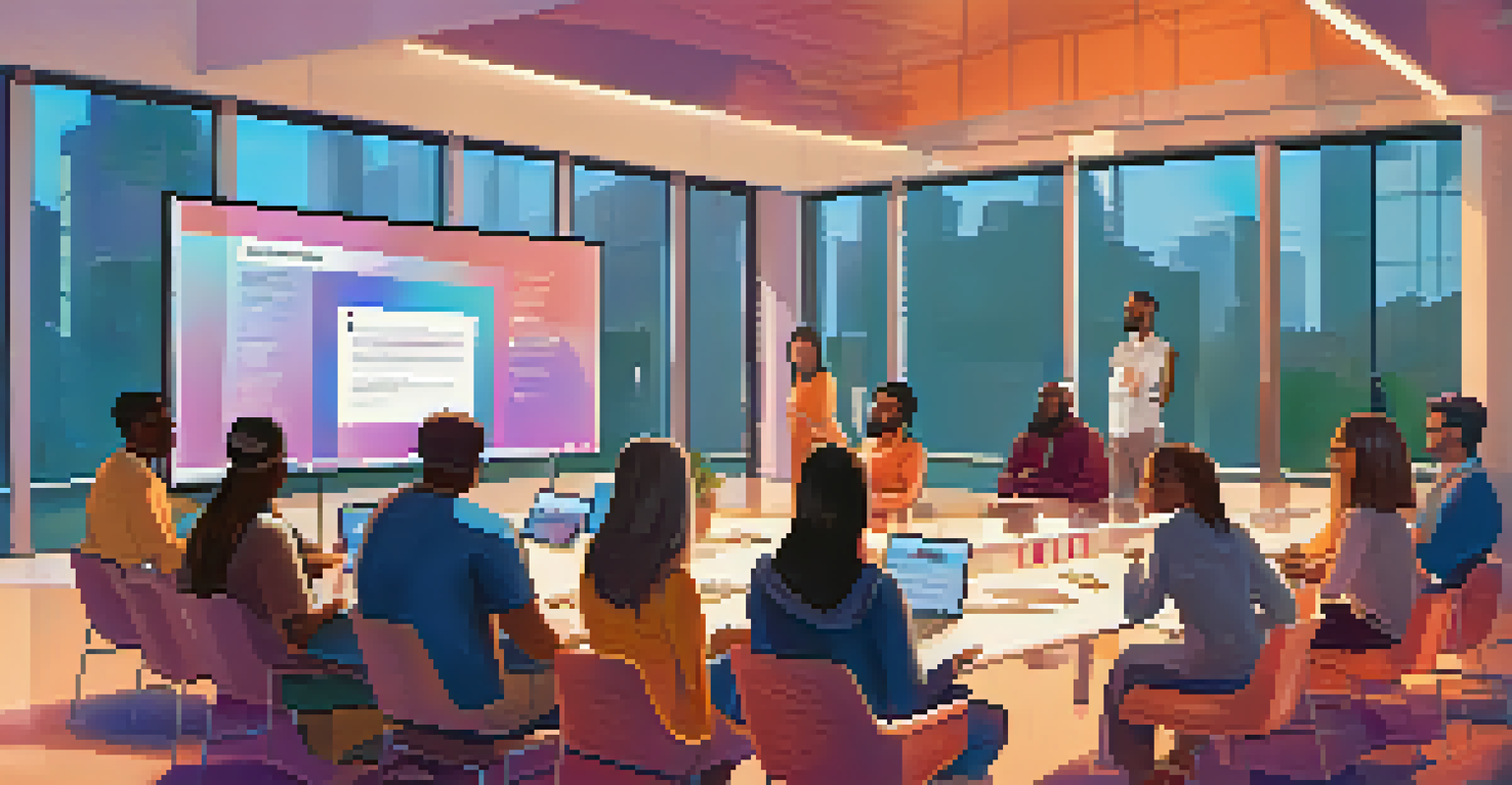 A diverse group of individuals in a conference room attending a workshop about NFTs, with a large screen displaying educational content.