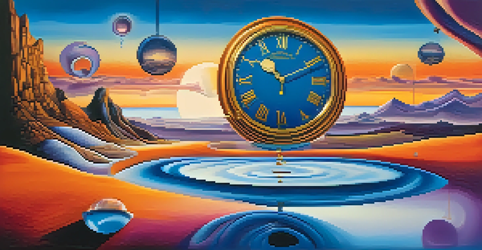 A dreamlike landscape with a melting clock and swirling colors, inspired by surrealism.