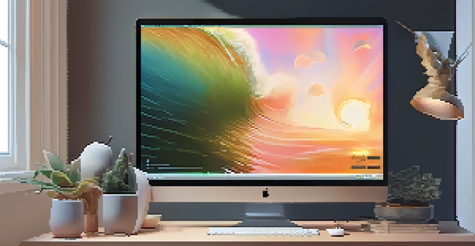 A modern workspace featuring a digital NFT artwork on a computer screen, bathed in soft light with contemporary art in the background.