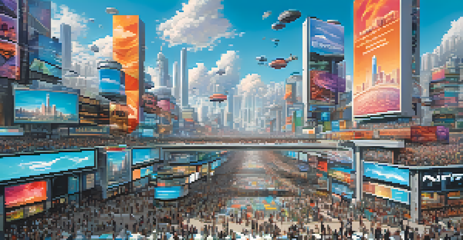 A futuristic city skyline with holographic billboards and avatars exchanging NFTs, set against a clear blue sky, representing a digital marketplace.