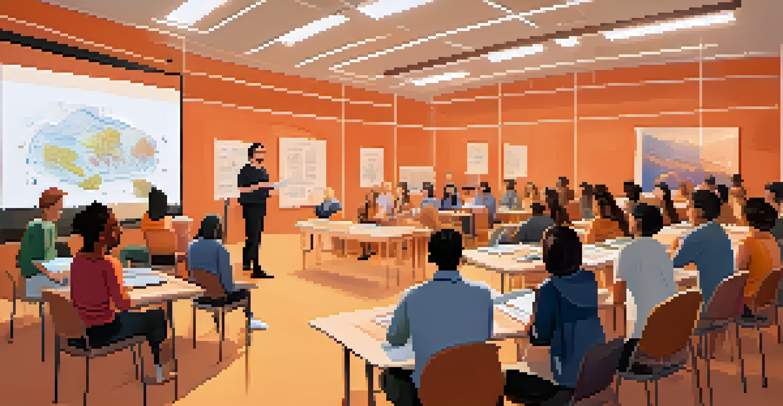 A workshop scene with an instructor teaching about NFTs to an engaged audience in a bright seminar room.