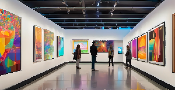 A digital art gallery filled with colorful NFT artworks, with visitors admiring the pieces under soft lighting.