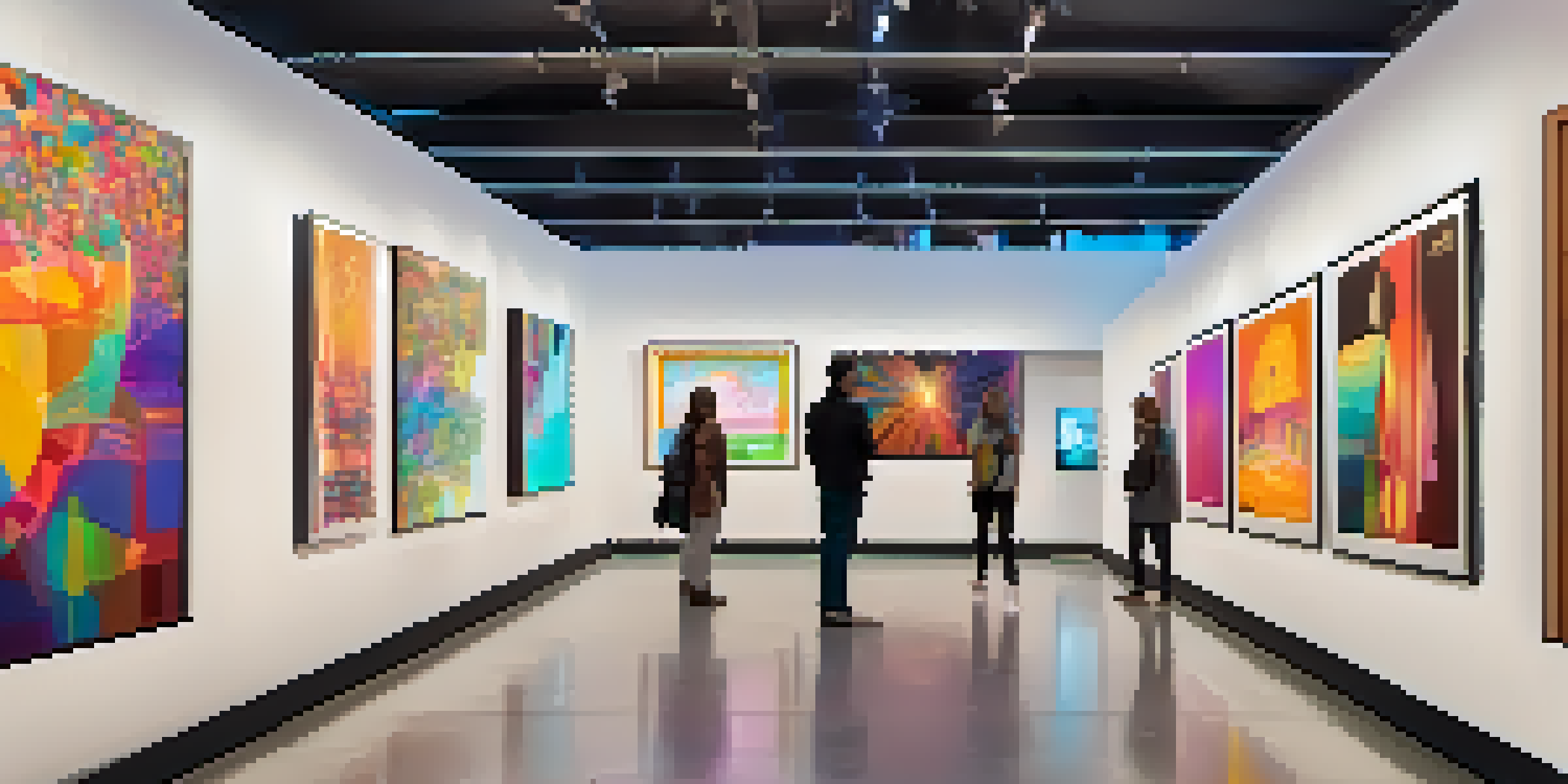 A digital art gallery filled with colorful NFT artworks, with visitors admiring the pieces under soft lighting.