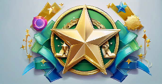 A colorful digital badge graphic with a gold star and icons for skills like coding and writing, set against a blue-green gradient background.