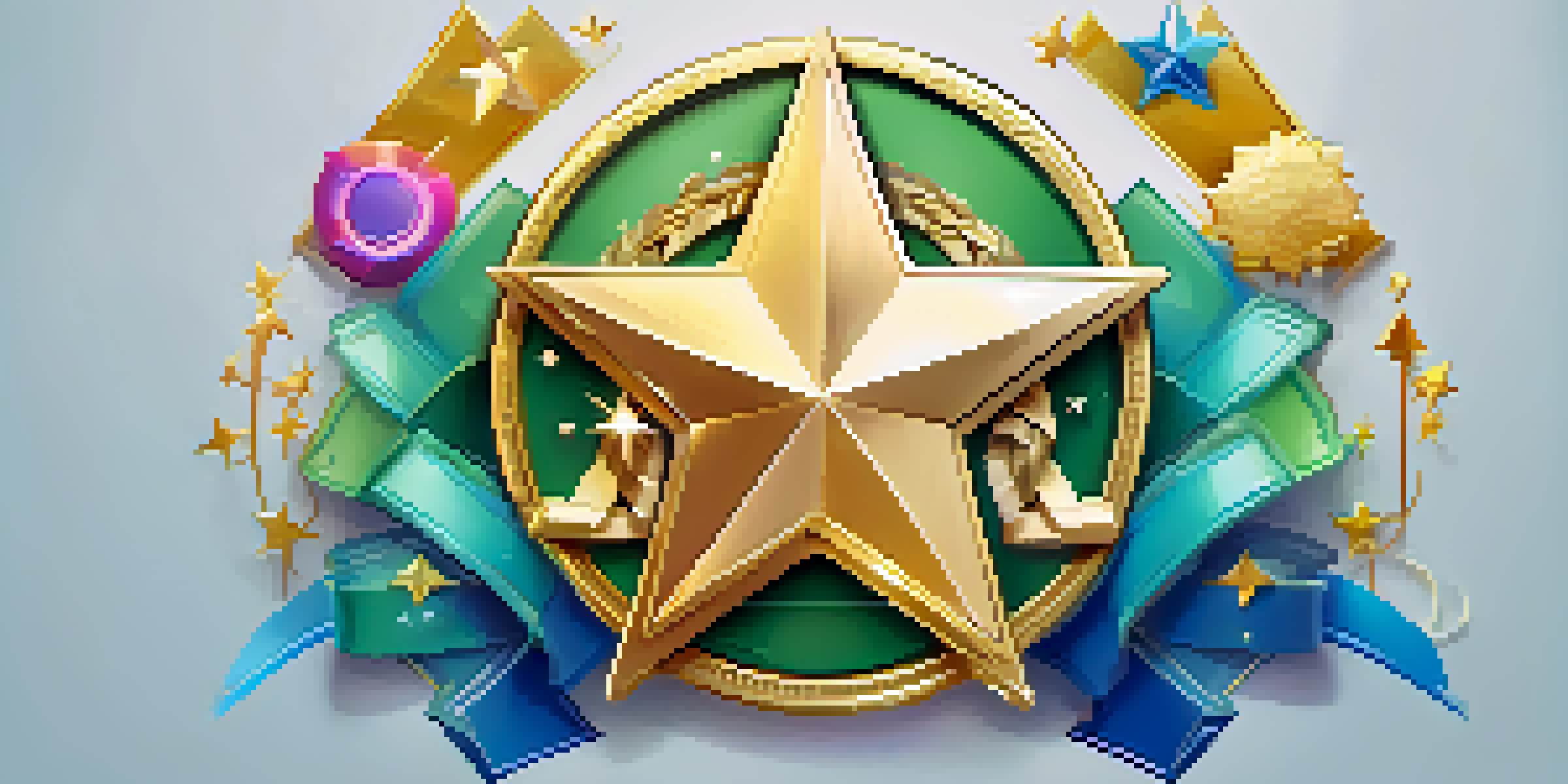 A colorful digital badge graphic with a gold star and icons for skills like coding and writing, set against a blue-green gradient background.