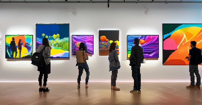 A modern digital art gallery filled with colorful NFT displays and abstract silhouettes of visitors admiring the art.