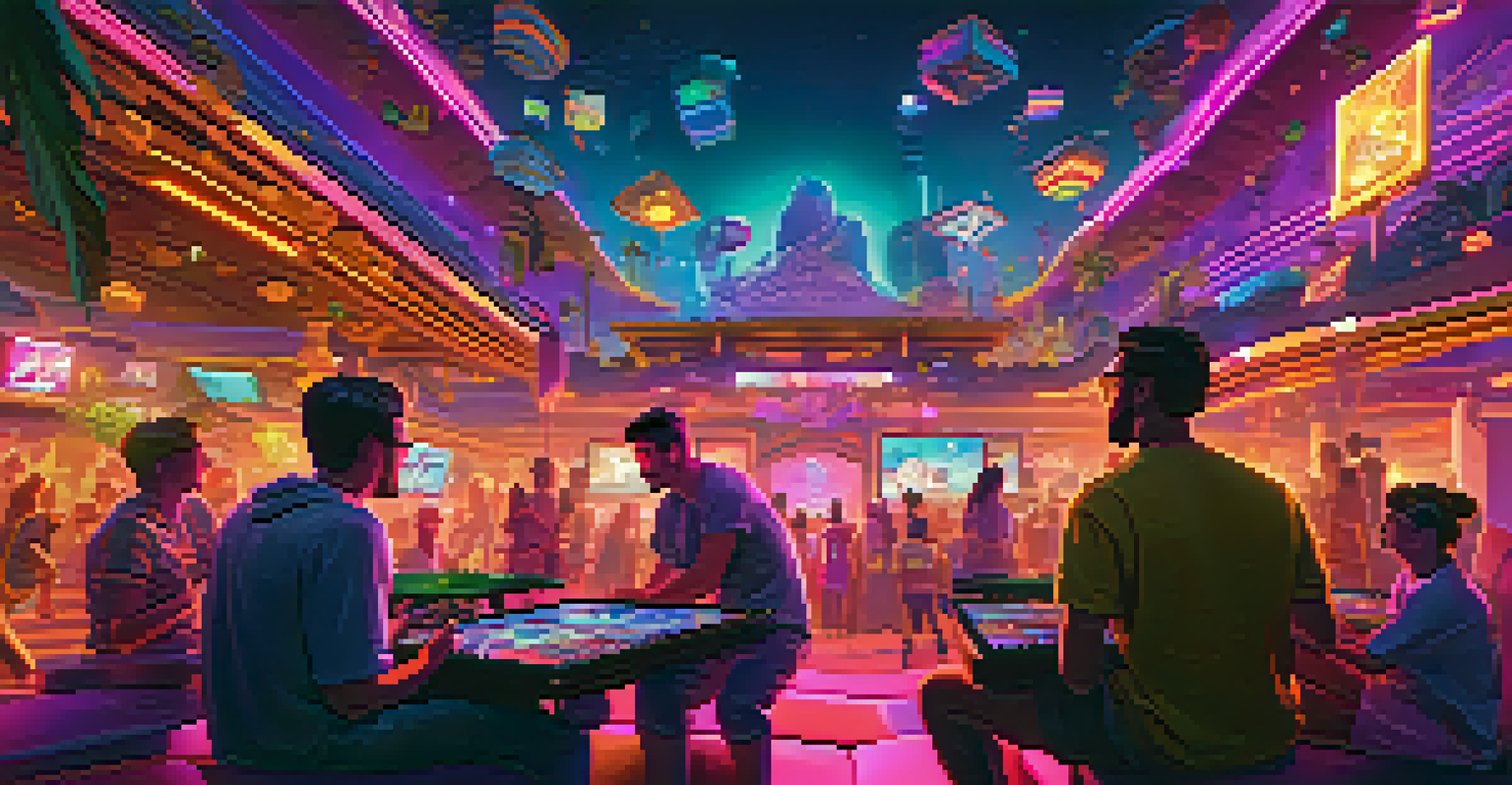 A lively gaming community event with players displaying exclusive NFTs in a colorful virtual landscape.