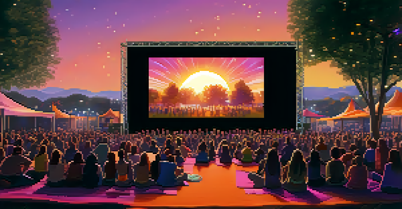 An outdoor film festival at sunset with a large screen showing a film, attendees on blankets holding NFT tokens, and a magical ambiance.