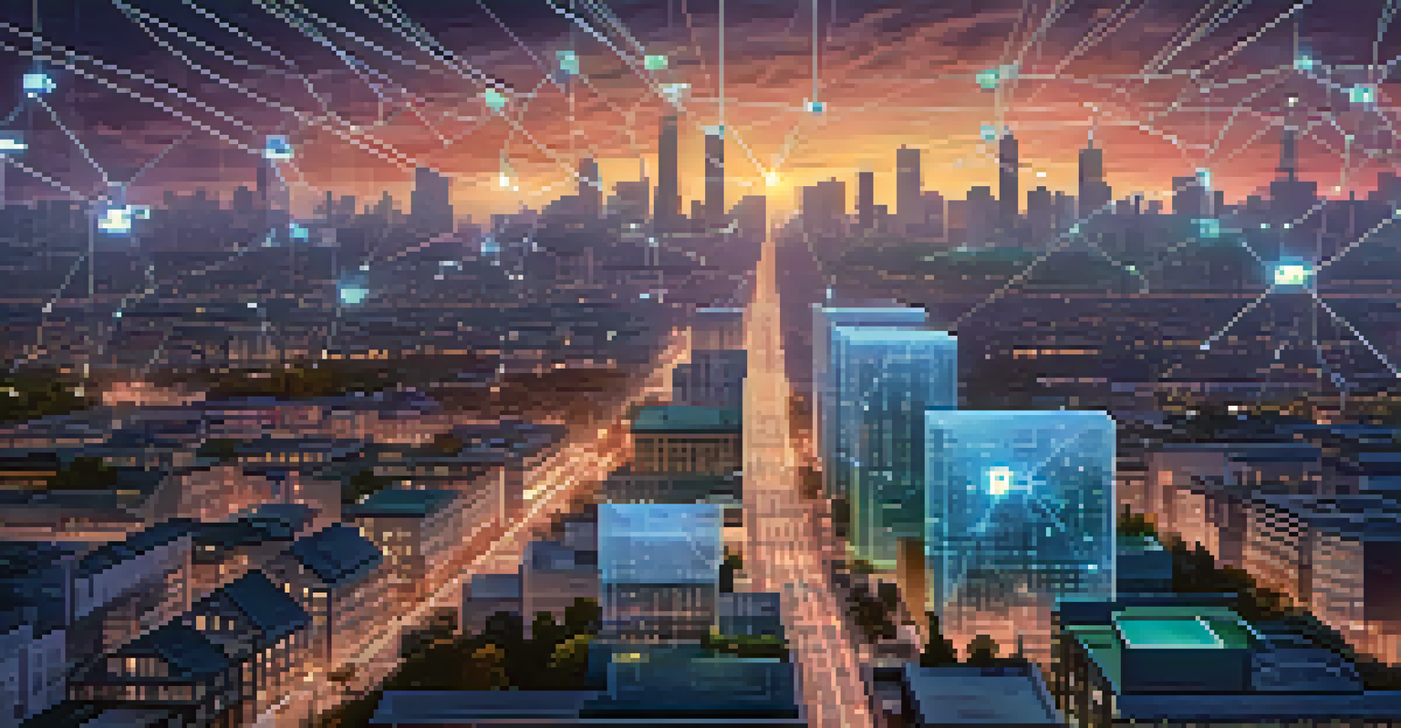 A blockchain network connecting educational institutions with digital tokens for diplomas, set against a futuristic city skyline.