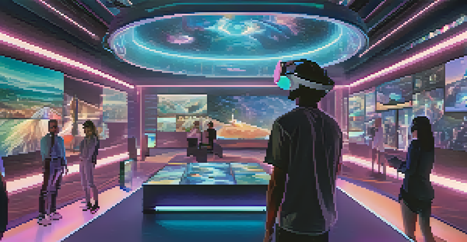 Users interacting in a virtual reality space, trading and exploring NFTs with holographic displays.