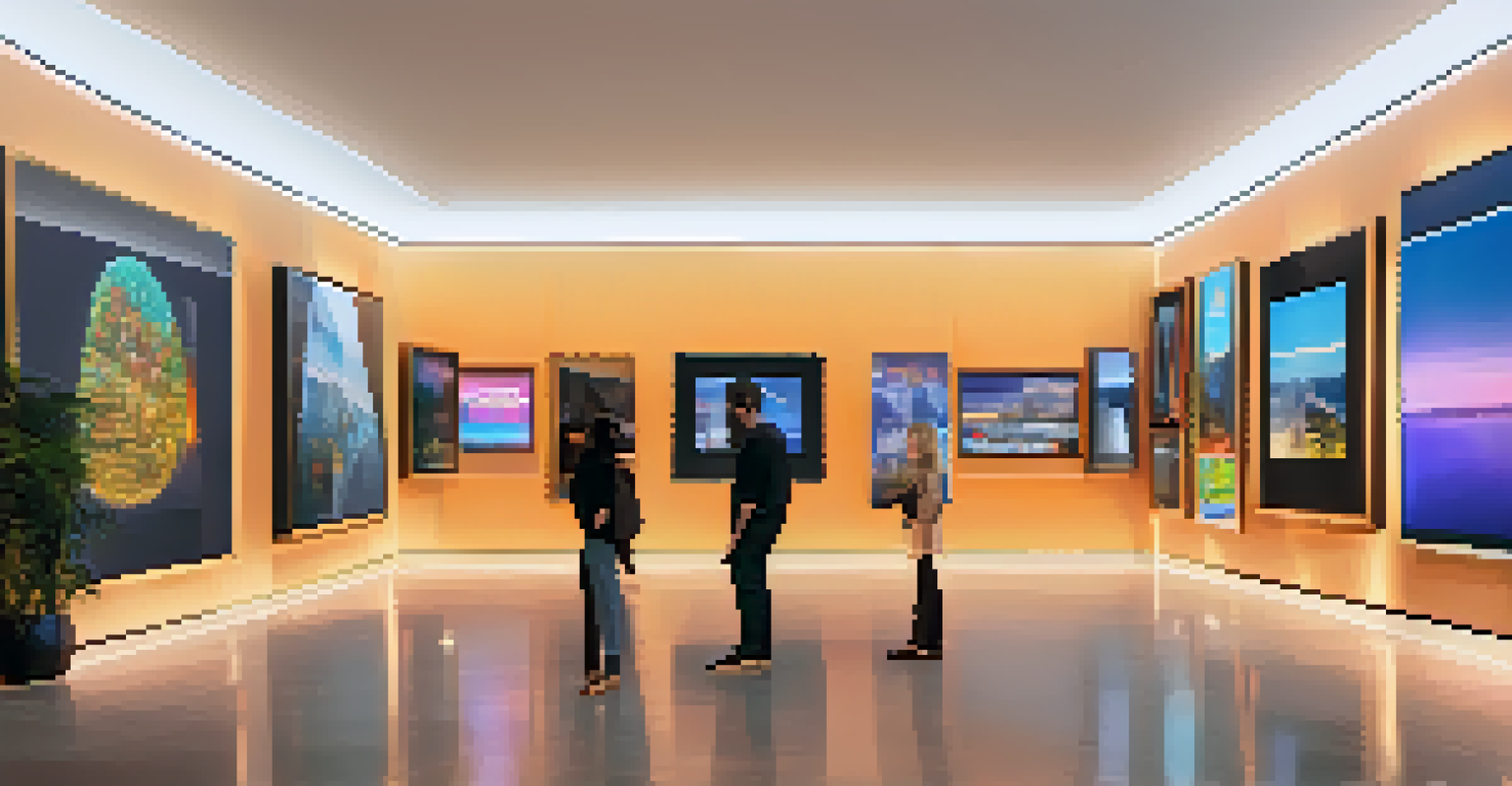 A digital gallery showcasing unique virtual artworks framed with glowing borders, with visitors interacting with the pieces.