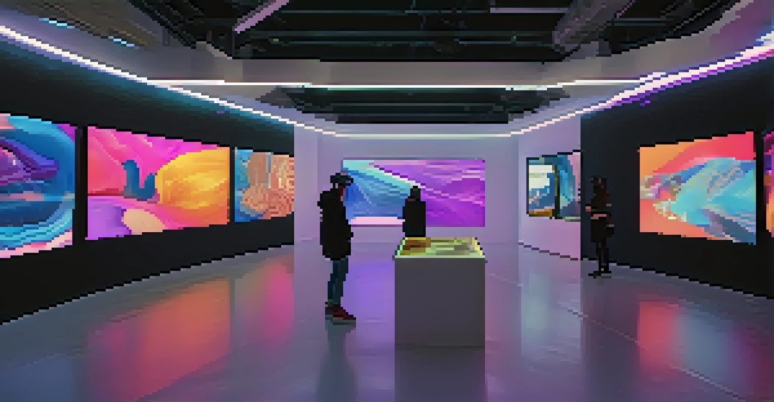A virtual reality gallery with users wearing headsets, interacting with floating NFT artworks in a colorful digital space.