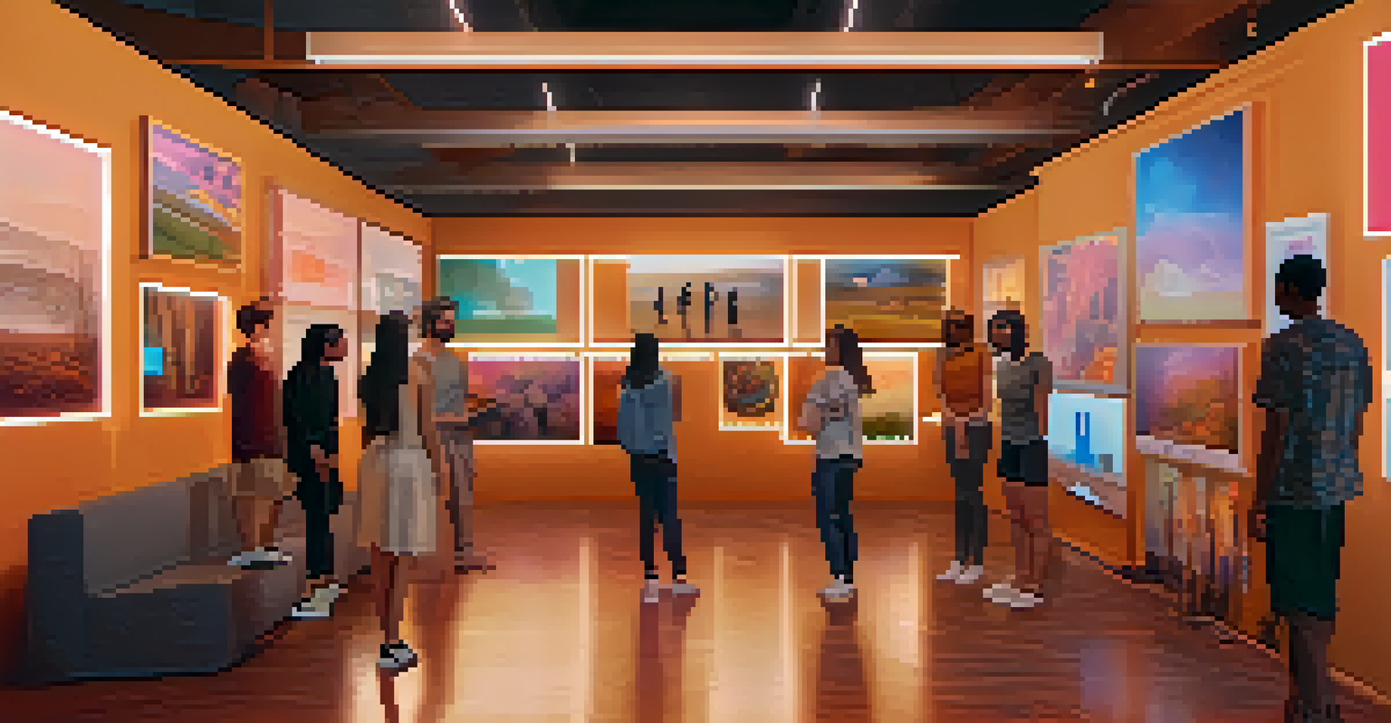 A virtual gallery displaying diverse NFT artwork with a chat window showing positive community interactions.