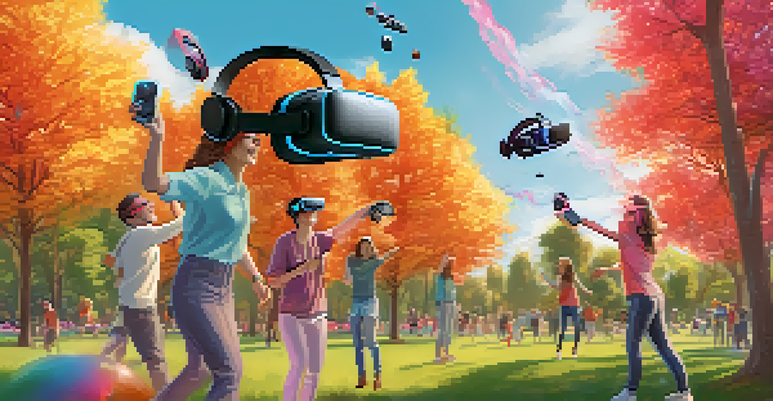 A group of friends in an outdoor park engaging in a virtual reality event with NFT collectibles, wearing VR headsets and surrounded by colorful trees.