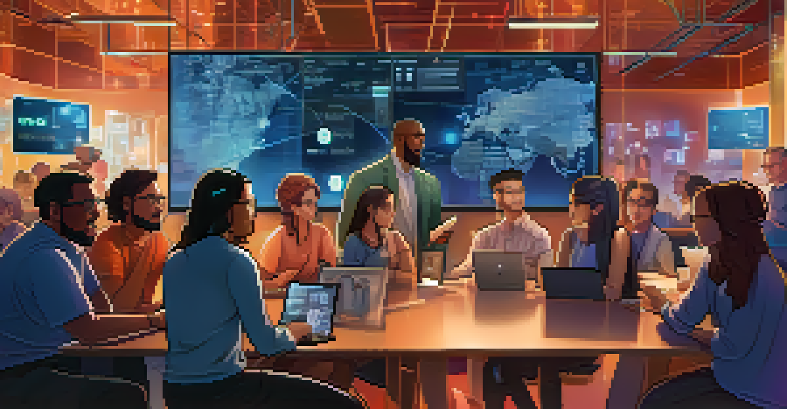 A community gathering discussing blockchain, featuring diverse individuals and digital screens showing charts and data.