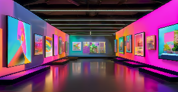 A digital art gallery filled with colorful NFT artworks displayed on screens, with artists engaging with viewers in a modern setting.