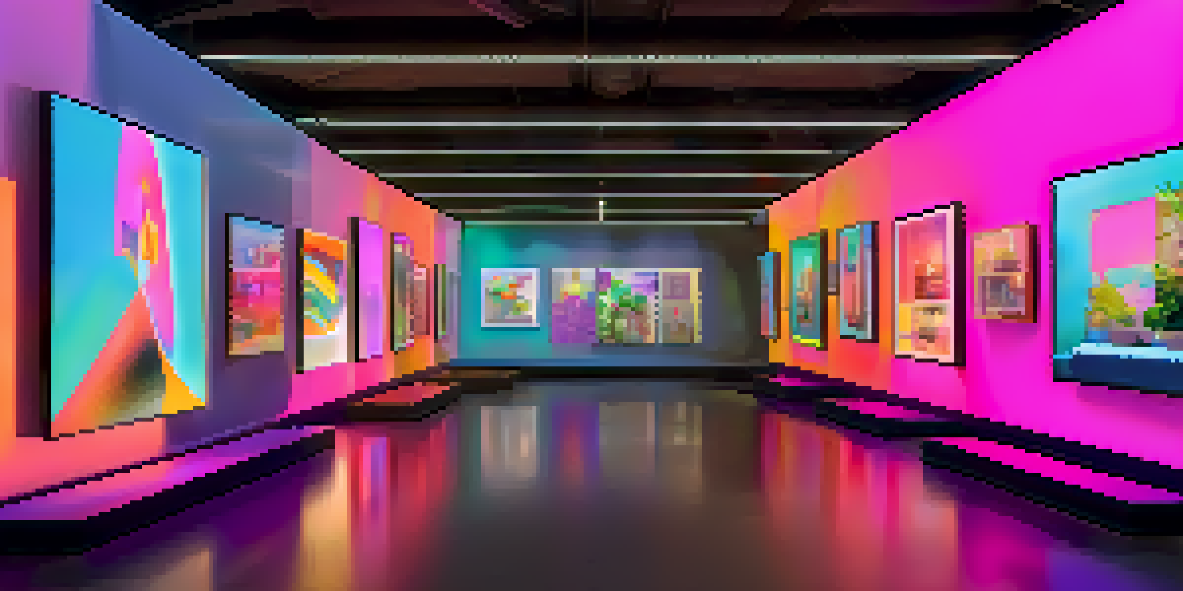 A digital art gallery filled with colorful NFT artworks displayed on screens, with artists engaging with viewers in a modern setting.