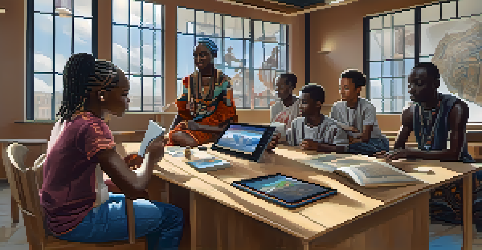 Students interacting with digital tablets to learn about African culture through NFTs in a setting that blends modern technology with traditional art.