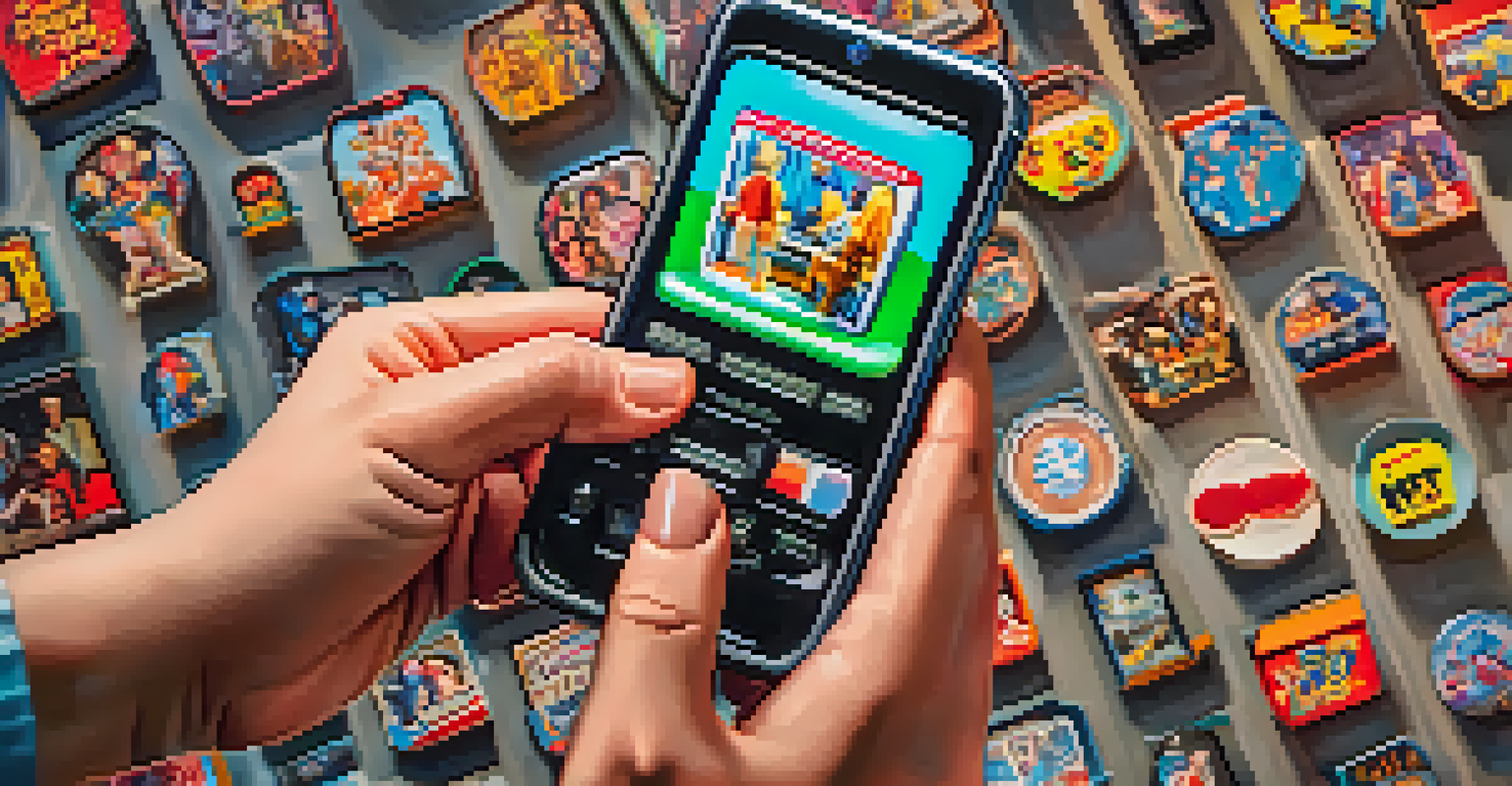 A close-up of a hand holding a smartphone showing an NFT of a childhood character, with nostalgic memorabilia in the background.