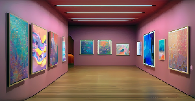 A modern art gallery filled with colorful digital screens displaying diverse NFT artworks, under soft ambient lighting.