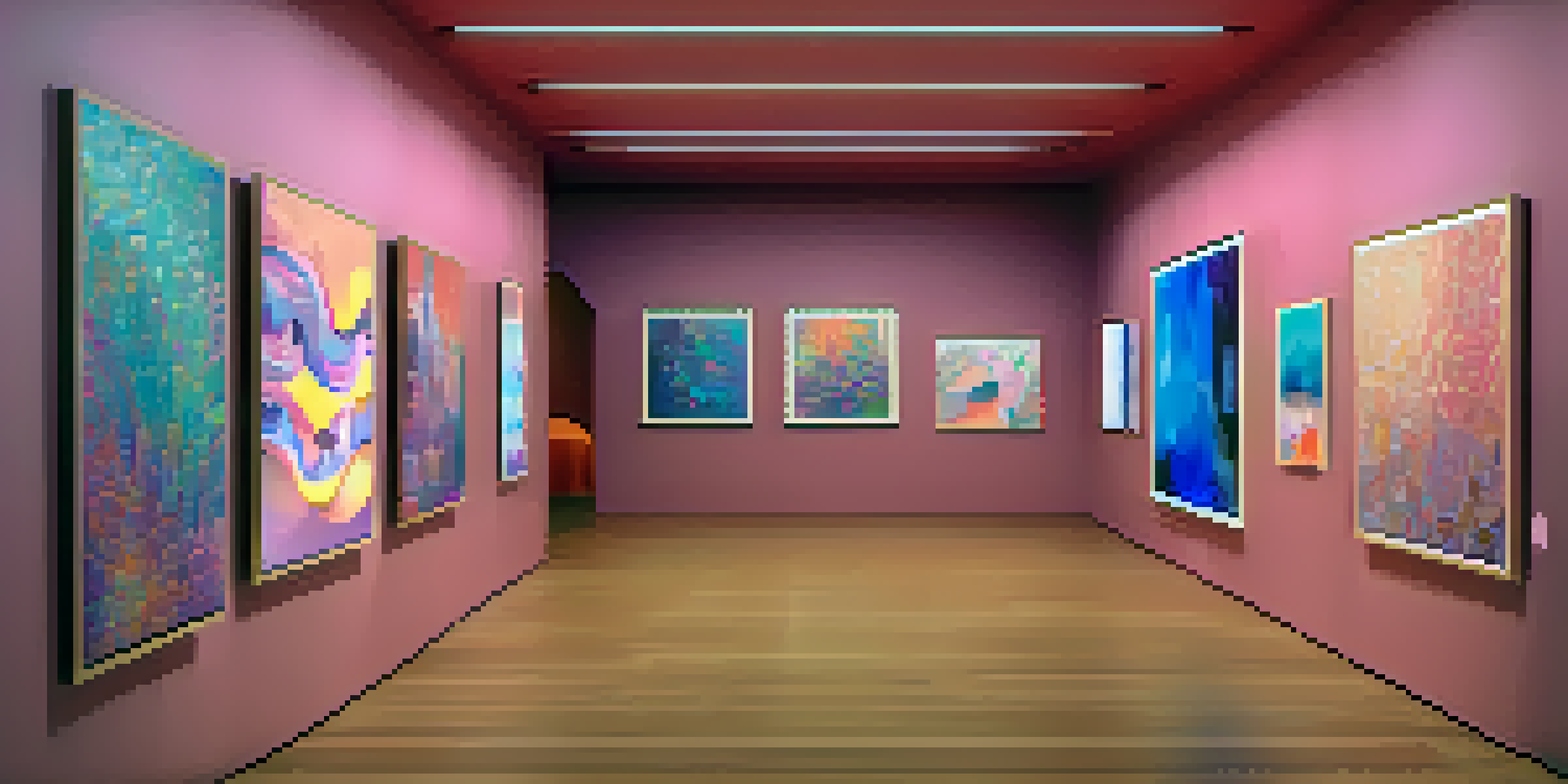 A modern art gallery filled with colorful digital screens displaying diverse NFT artworks, under soft ambient lighting.