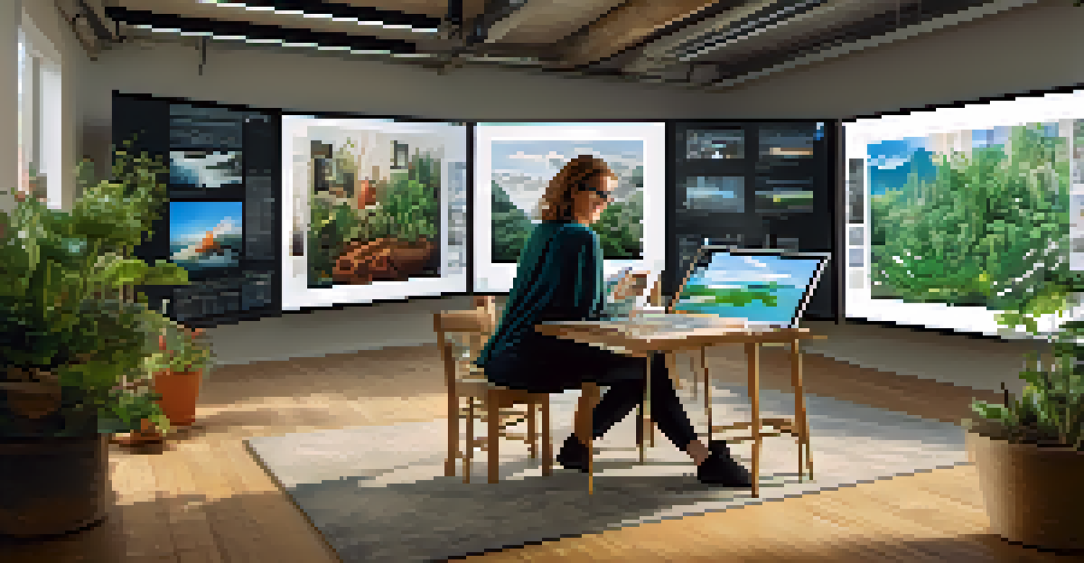 An artist in a studio with digital screens showing NFT art, creating on a tablet with a bright, inviting atmosphere.