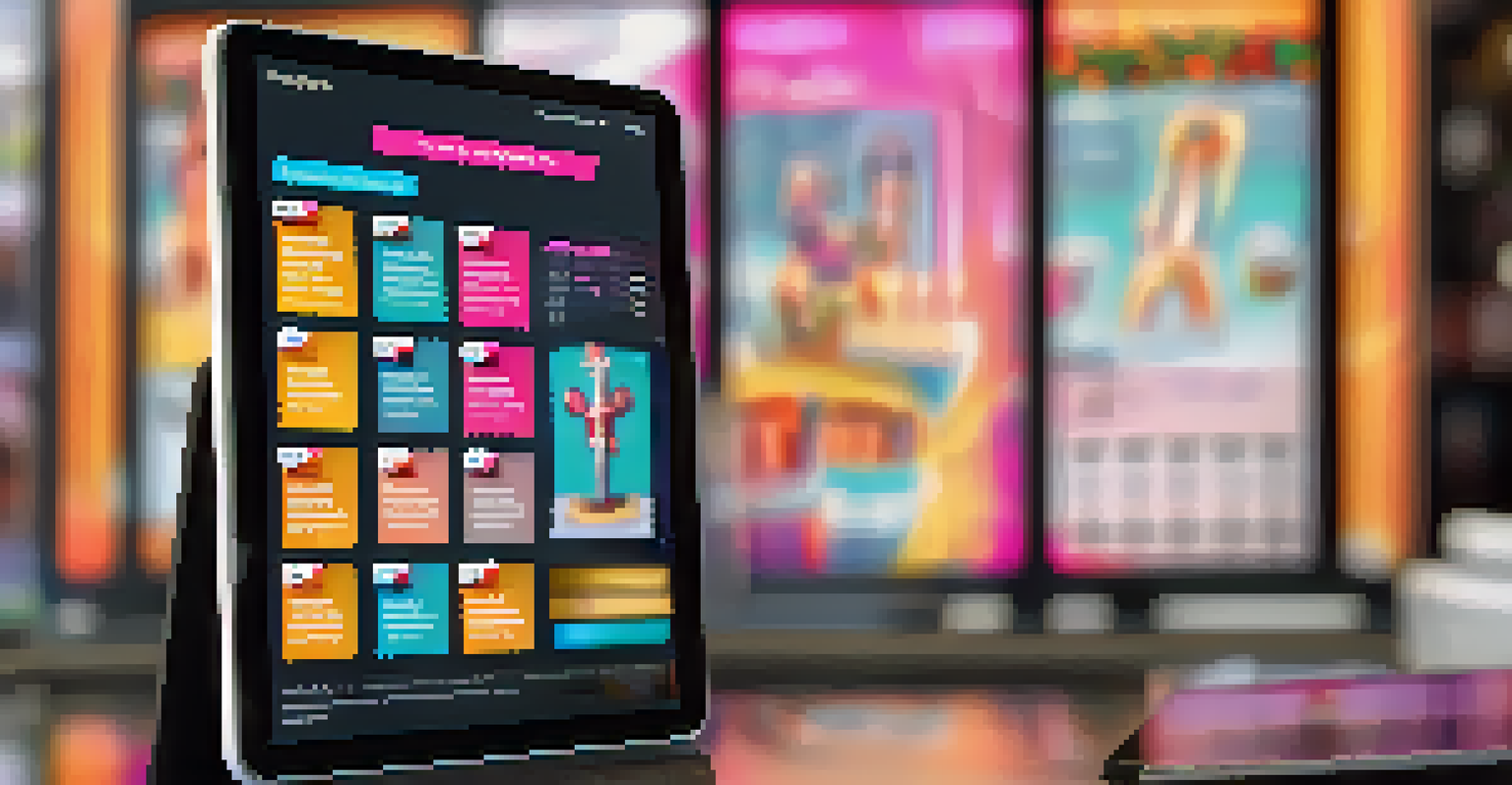 A digital tablet showing an NFT marketplace with colorful NFTs and price tags, set in a modern workspace.