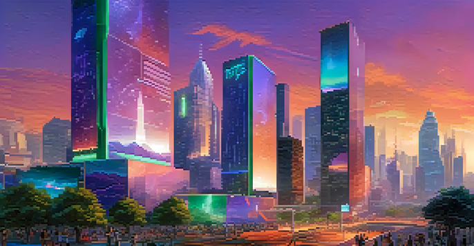 A vibrant cityscape featuring futuristic skyscrapers with greenery and digital billboards showcasing NFTs at dusk.