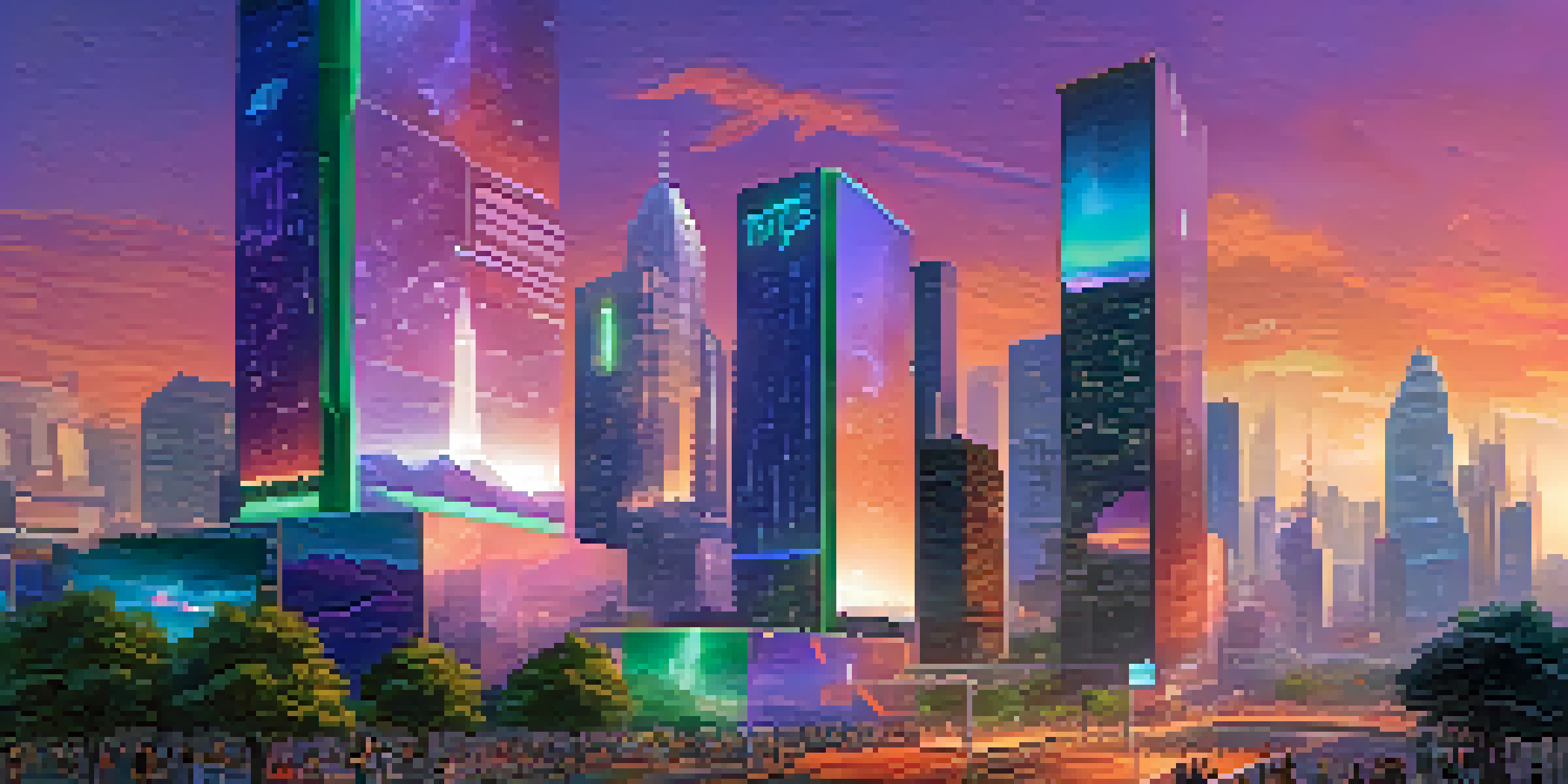 A vibrant cityscape featuring futuristic skyscrapers with greenery and digital billboards showcasing NFTs at dusk.