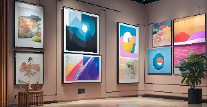 A digital art gallery displaying a variety of NFTs, with diverse artworks illuminated by warm lighting and visitors engaged with the pieces.
