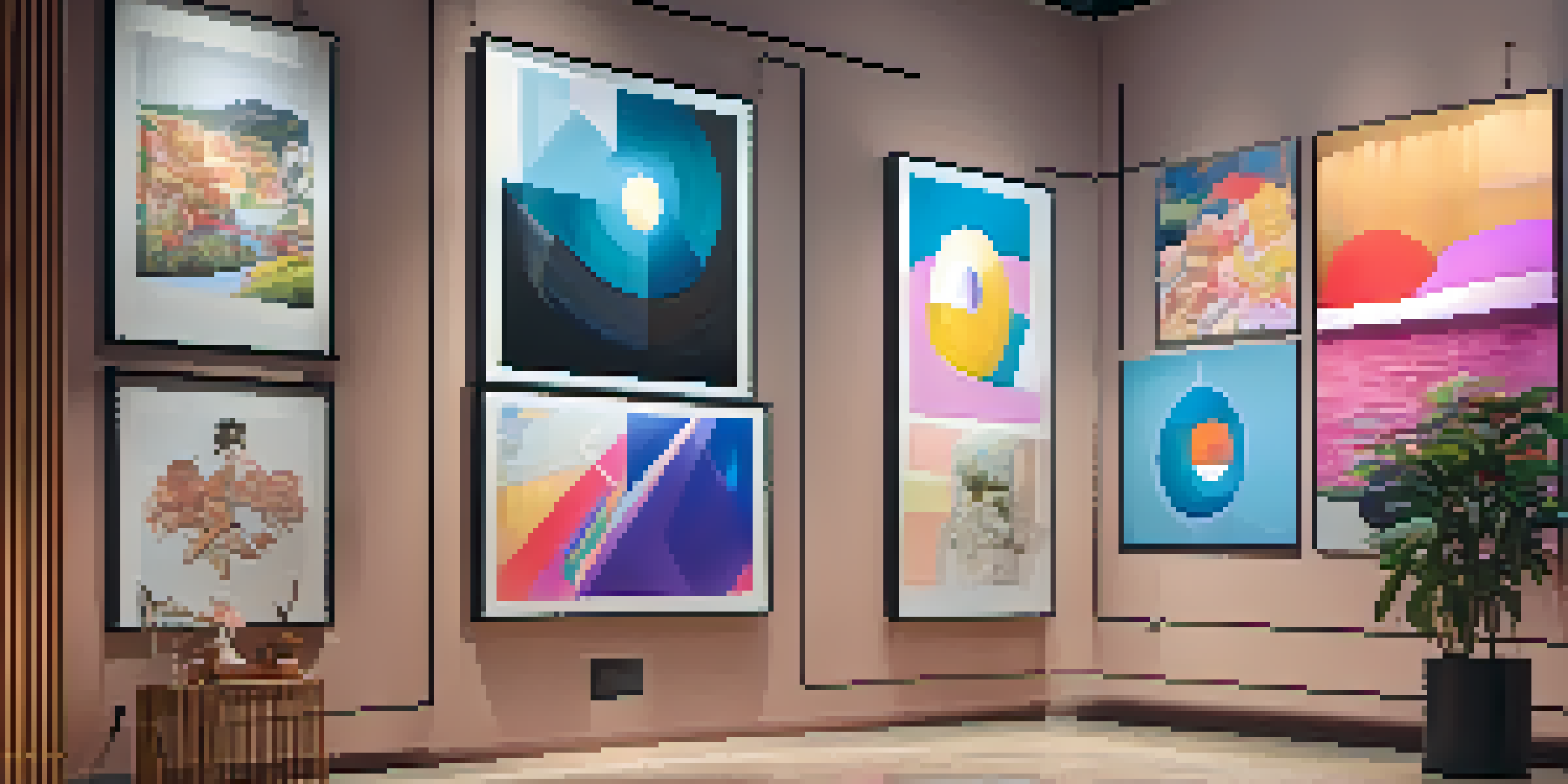 A digital art gallery displaying a variety of NFTs, with diverse artworks illuminated by warm lighting and visitors engaged with the pieces.