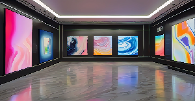 A digital art gallery with colorful NFTs displayed on screens, illuminated by soft light.