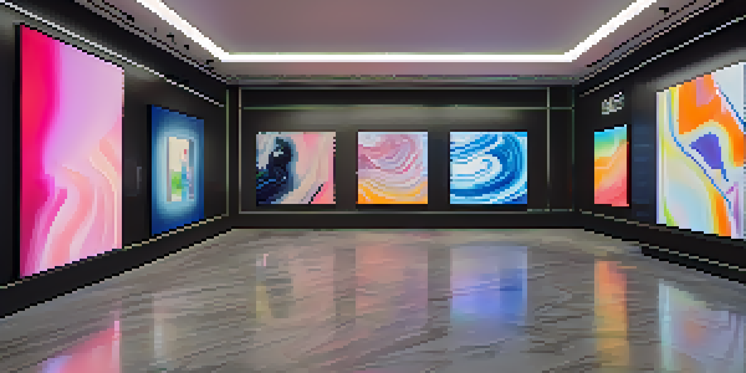 A digital art gallery with colorful NFTs displayed on screens, illuminated by soft light.