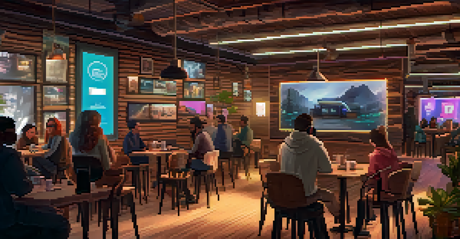 Users sharing their NFT companions in a cozy digital cafe filled with warm lighting and colorful art.
