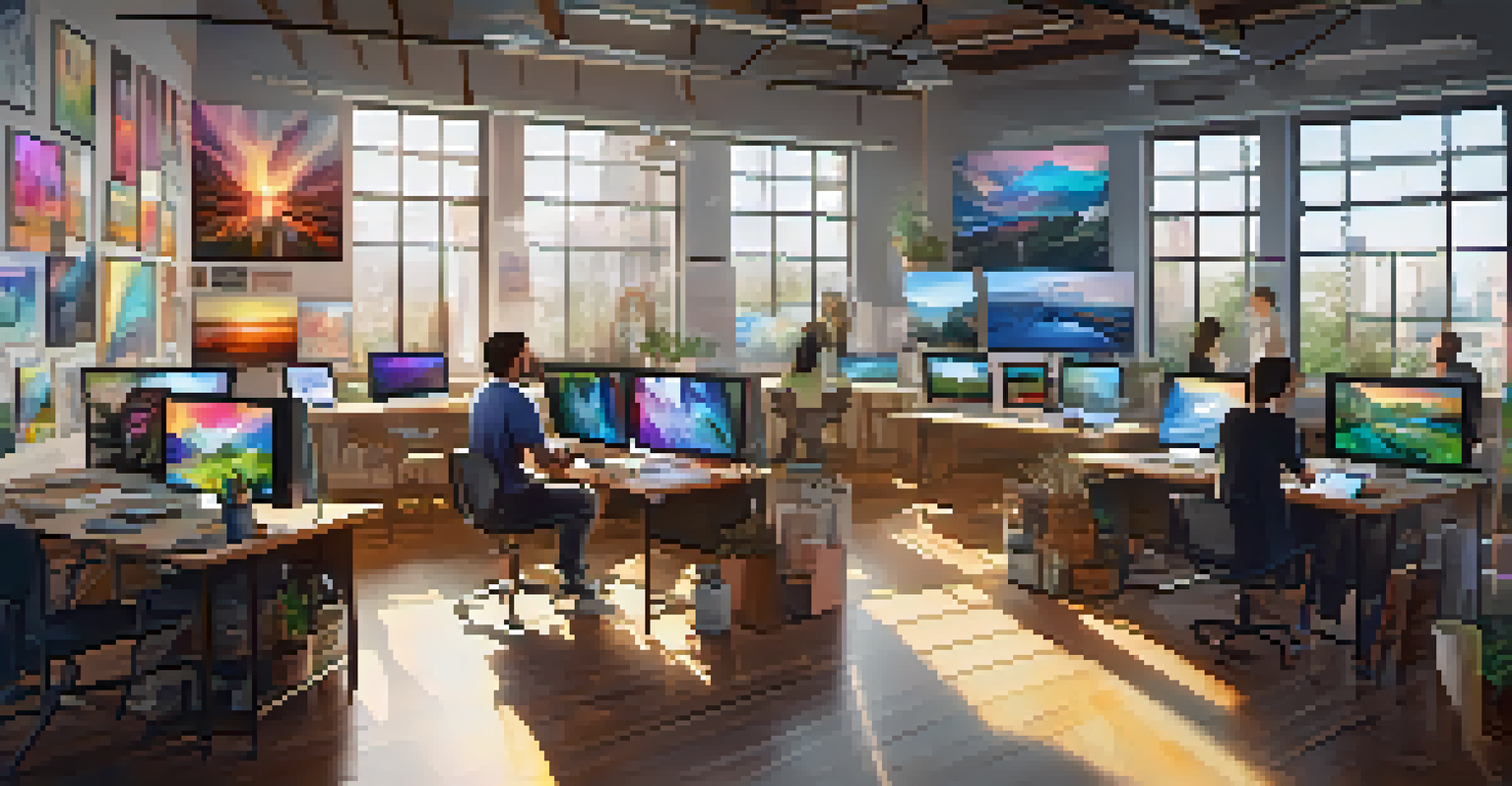 A creative workspace with artists designing NFT art, featuring colorful sketches and digital tablets in a bright, inspiring environment.