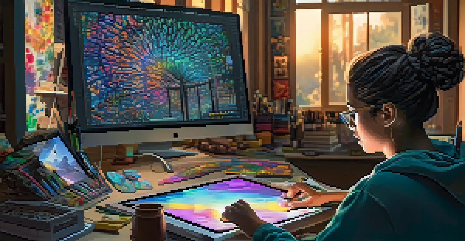 An artist at a digital workstation, creating vibrant NFT artwork with colorful tools and screens, illuminated by natural light.