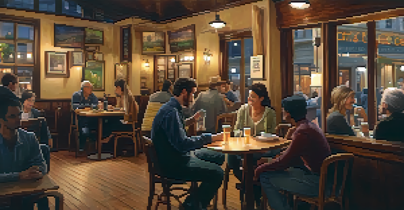 A cozy café with patrons enjoying conversations and a musician playing guitar.