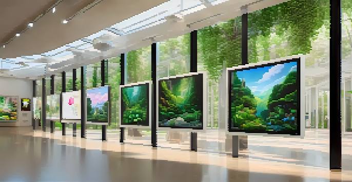 A digital art gallery featuring colorful energy-efficient NFTs displayed on screens, with plants and natural light enhancing the environment.