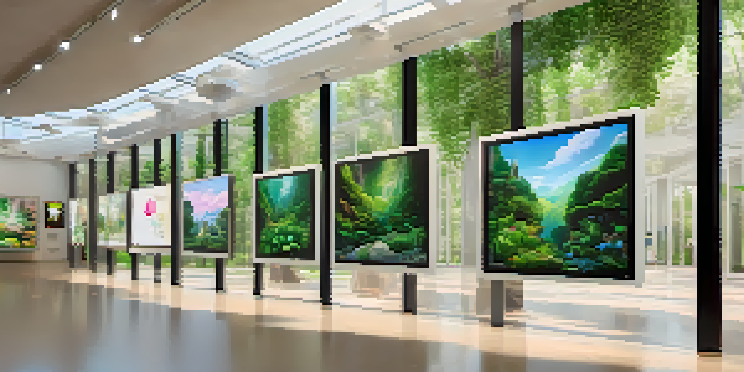 A digital art gallery featuring colorful energy-efficient NFTs displayed on screens, with plants and natural light enhancing the environment.