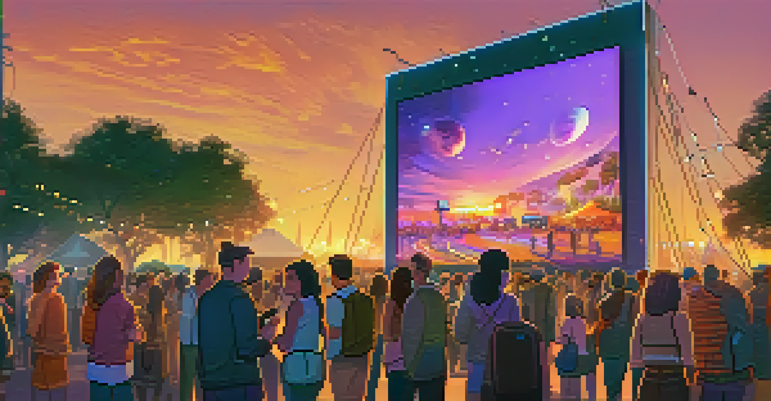 An outdoor event featuring large screens displaying NFT art, with people interacting and discussing in a sunset setting illuminated by fairy lights.