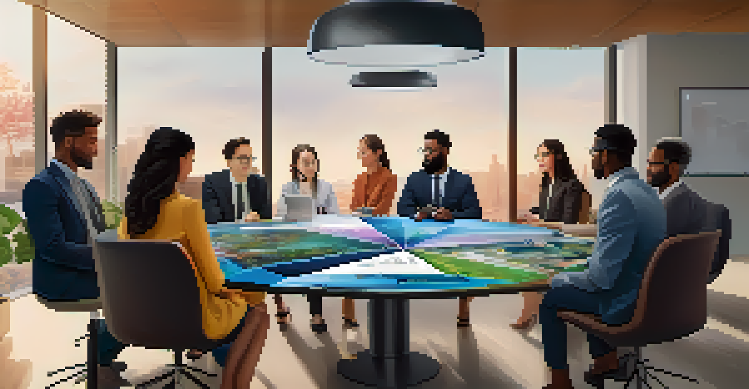 A group of diverse investors discussing NFTs and portfolio strategies around a digital tablet, surrounded by digital art and financial documents in a modern conference room.