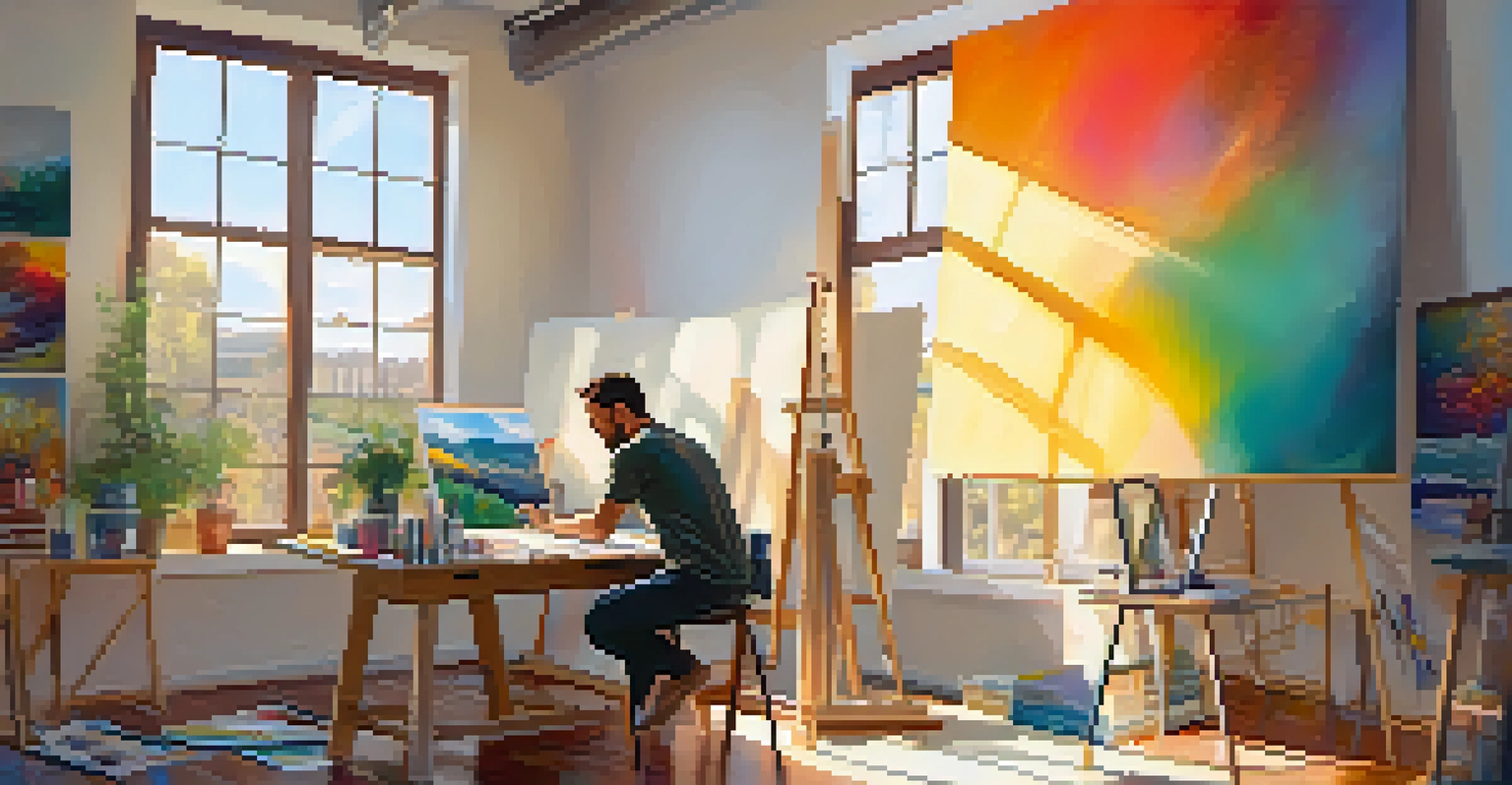 An artist in a studio creating digital art on a tablet, surrounded by canvases and natural light.