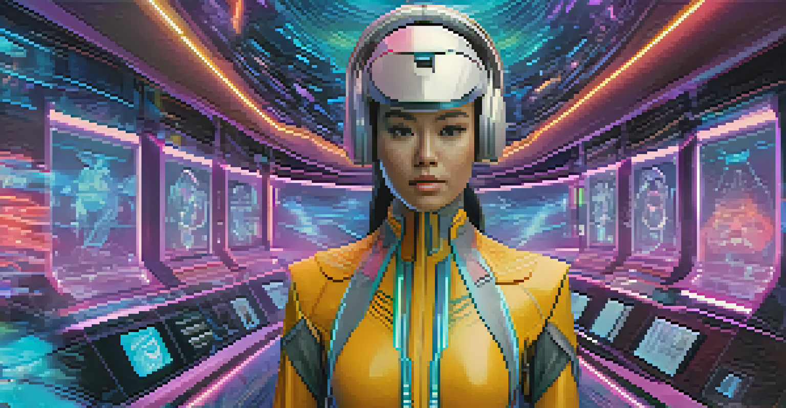 A digital avatar customizing its outfit with holographic options in a vibrant virtual landscape.