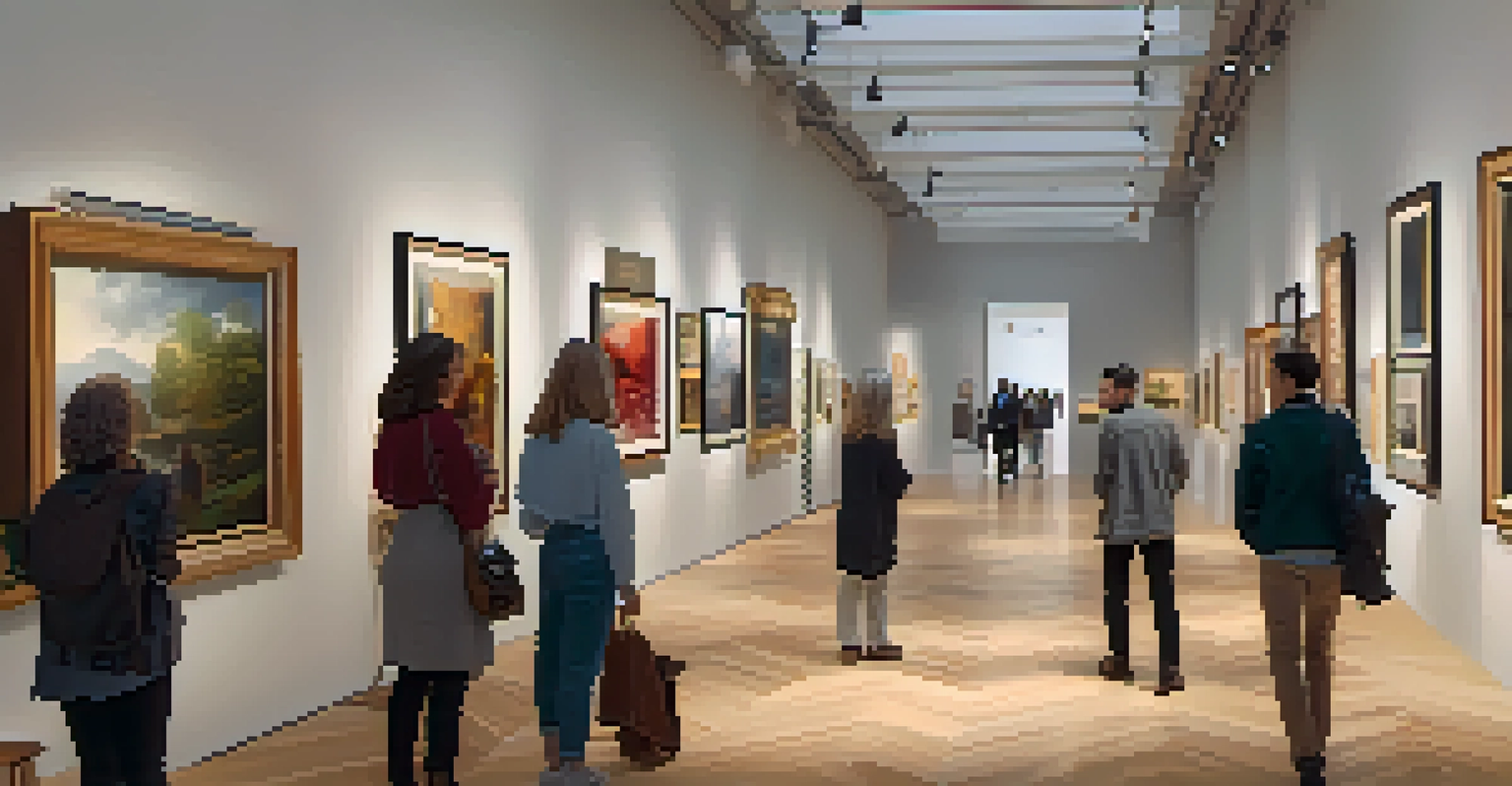 An art gallery with digital labels showing the history of artworks and visitors discussing them.
