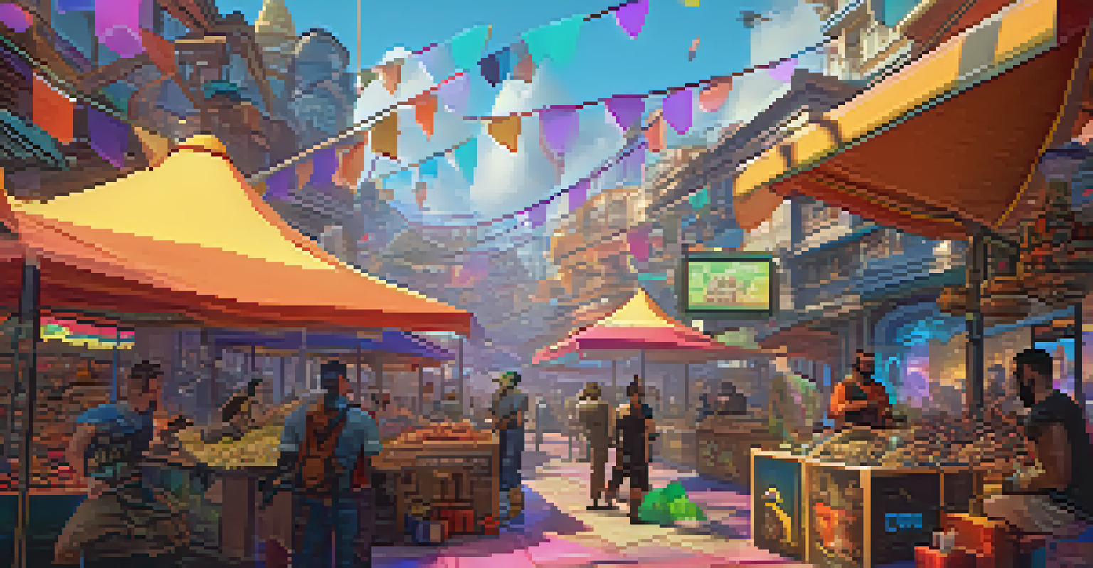 A vibrant gaming marketplace where players are trading in-game assets as NFTs in a colorful environment.