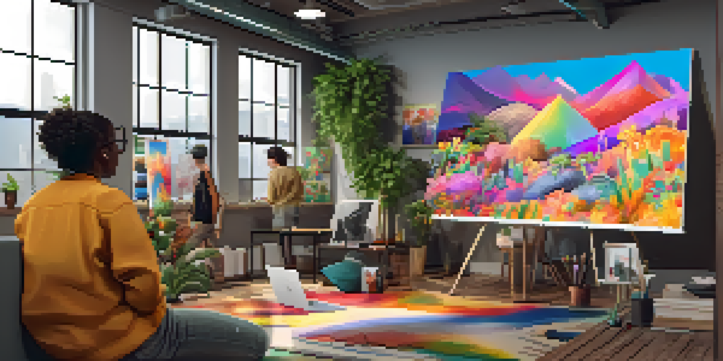 A diverse group of artists working together on digital art in a modern studio, surrounded by colorful screens and art supplies.