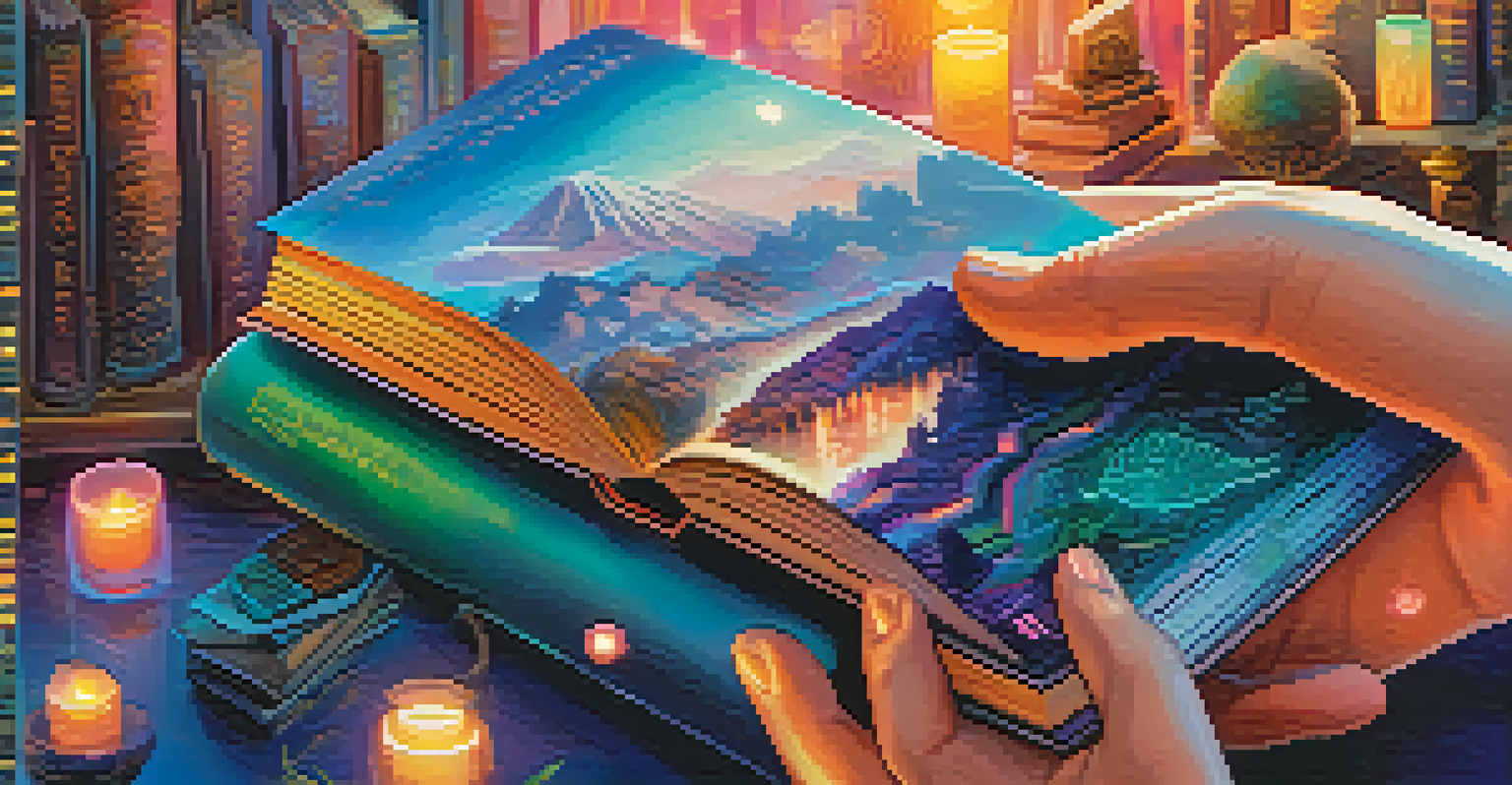 A hand holding a glowing NFT token with a digital landscape of storytelling elements in the background.