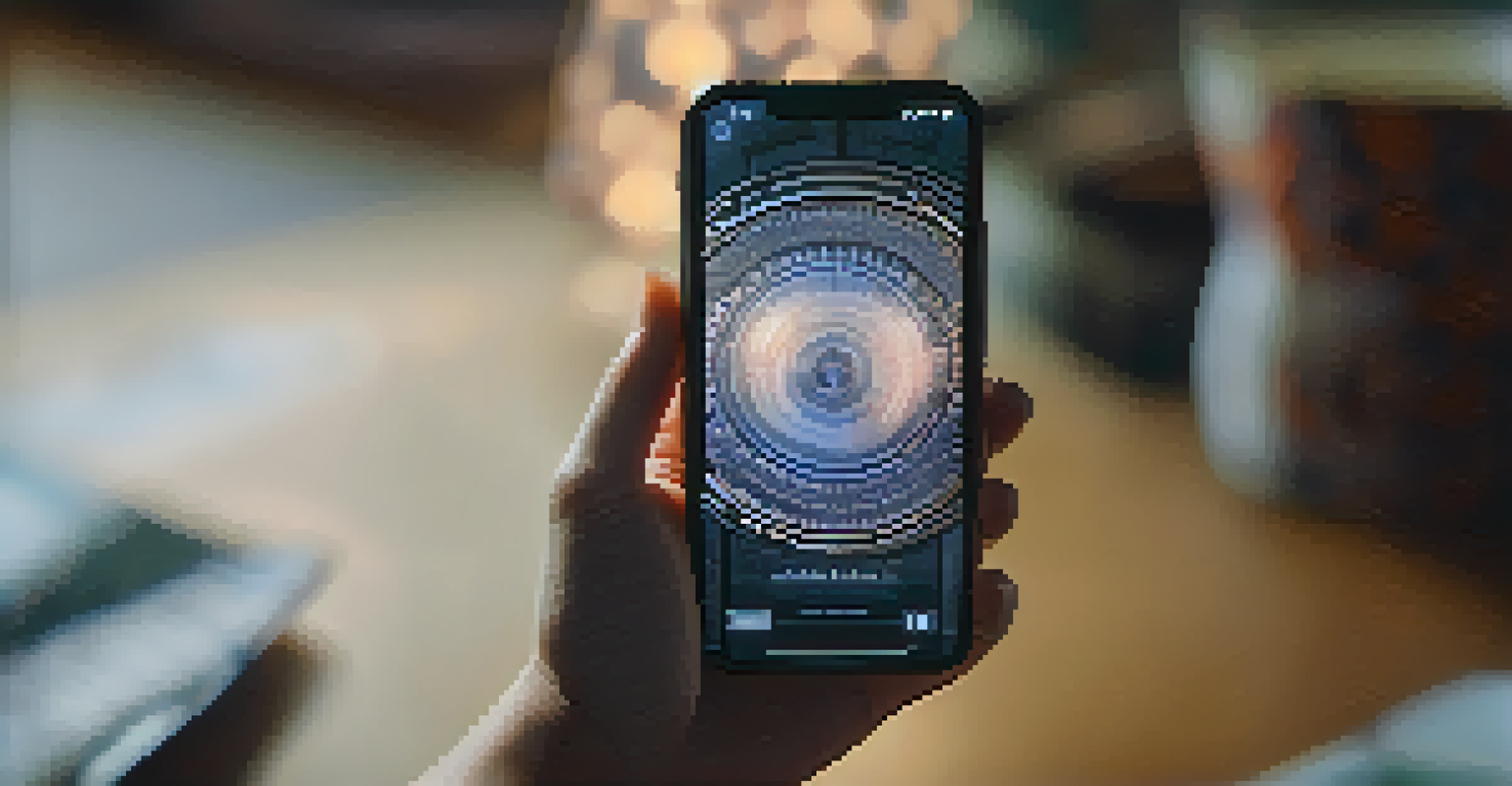 A close-up of a hand holding a smartphone with a detailed NFT artwork displayed on the screen.